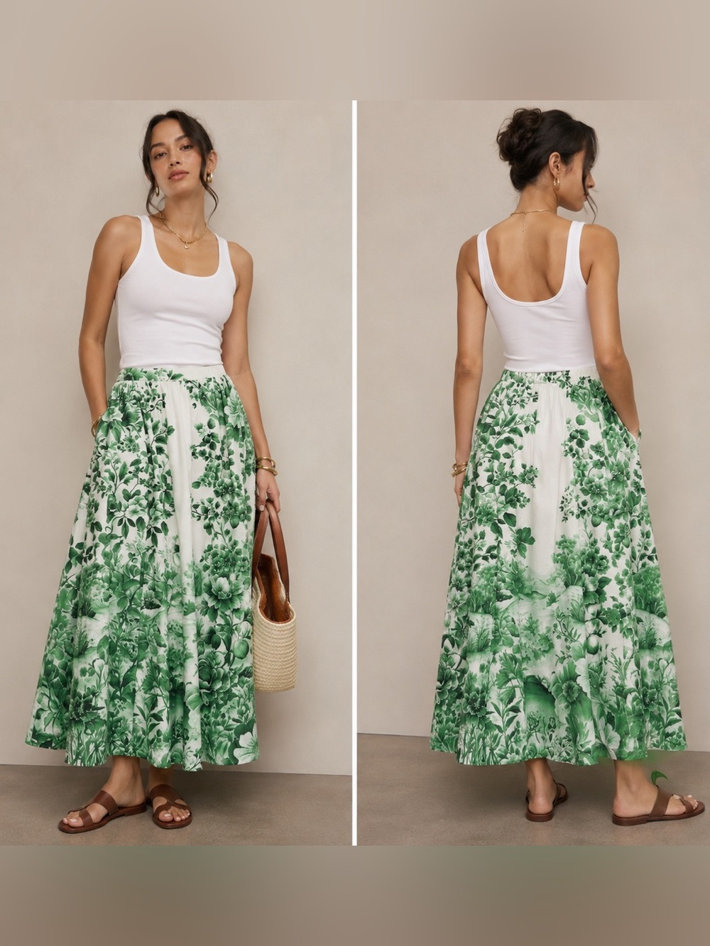 Maeve Jacie Botanical Poplin Maxi Skirt L‎ Green White Anthropologie Cotton